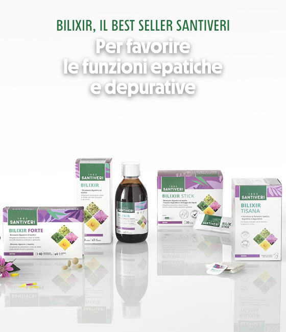 La linea Bilixir di Santiveri comprende integratori alimentari formulati principalmente per favorire la funzione epatica, la depurazione del fegato e i processi digestivi